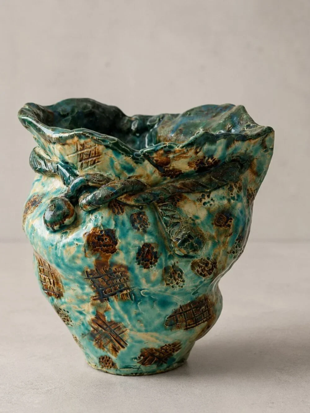 Signed Studio Pottery Vase Teal Drip Glaze Sculptural Art Vessel 5.5in Retro MCM